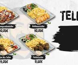 Rustikales Menübild mit vier Tellern: Hähnchen-Gemüseteller (10,00 €), Halloumiteller (10,00 €), Falafelteller (9,00 €) und Veggie-Mix-Teller (11,00 €).