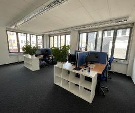 Schulungsraum mit mehreren Arbeitsbereichen, die mit blauen Trennwänden voneinander getrennt sind. Auf jedem Tisch befinden sich 2 Bildschirme, eine Tastatur, Maus und ein Headset. Es befinden sich 2 weiße Regale und mehrere Zimmerpflanzen in dem Raum.