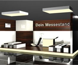 Messestand im Lounge-Design. Beleuchteter Podestboden, individuelle Möbel und abgehängte Deckenfelder. Copyright: Dein Messestand