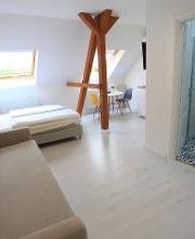 Standard Apartment (ohne Sauna) im Dachgeschoss:
Wohn/Schlafbereich mit Bettsofa und Küche