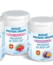 Molke Protein Drops in vier verschiedenen Aromen.
 
Molkenprotein – eines der hochwertigsten Eiweisse überhaupt. Proteine tragen zu einer Zunahme und dem Erhalt der Muskelmasse bei.