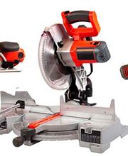 A set of power tools including a circular saw, a compound miter saw, and a cordless drill, all featuring red and black accents.