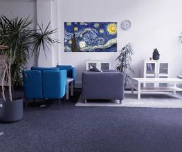Heller Aufenthaltsraum mit 2 blauen Sesseln und weißen Beistelltisch, 2 graue Sofas und einem kunstvollem Bild an der Wand. Im Raum stehen einige, grüne Zimmerpflanzen.