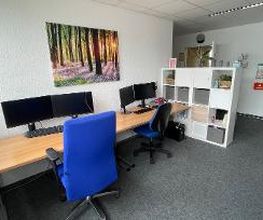 2 Arbeitsplätze neben einem weißen Regal. Arbeitsplätze mit 2 Bildschirmen, Tastatur, Maus und Bürostuhl. An der Wand hängt ein Bild eines Waldes. Rechts steht eine Zimmerpflanze.