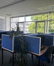 Ein Büro mit mehreren Arbeitsplätzen, die durch blaue Trennwände voneinander abgetrennt sind. Jeder Platz hat einen Bürostuhl und Monitor. Große Fenster lassen viel Tageslicht herein, und draußen sind grüne Bäume zu sehen. 