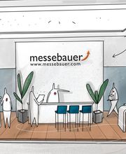 Messestand mit Laminatboden und Decke. Stehtischgruppen, Empfangstheke und Kabine hinter einer Messewand mit Logo. Copyright: messebauer.com