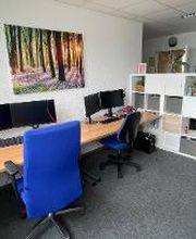2 Arbeitsplätze neben einem weißen Regal. Arbeitsplätze mit 2 Bildschirmen, Tastatur, Maus und Bürostuhl. An der Wand hängt ein Bild eines Waldes. Rechts steht eine Zimmerpflanze.