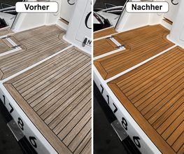 Teakdeck-Aufbereitung auf der Badeplattform