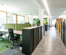 Ein Schulungsraum mit mehreren Arbeitsbereichen, die durch grüne Trennwände voneinander getrennt sind. Jeder Arbeitsplatz besteht aus 2 PC-Bildschirmen, Tastatur und Maus sowie Headset. Im Hintergrund Fototapete von einem Wald. Schwarze Büroschränke.