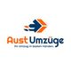 Offizielles Firmenlogo von Aust Umzüge & Haushaltsauflösungen aus Hildesheim in Blau und Orange mit Pfeil-Symbol und dem Slogan „Ihr Umzug in besten Händen“