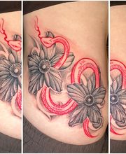 Florales Blackwork-Tattoo mit roter Schlange, grauen Blüten, feinem Dotwork und dekorativen Ornamenten an der Hüfte.
