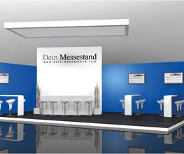 Individueller Messestand mit Stehtischgruppen. Messetheke mit Barstühlen und Küchen- / Lagerkabine. Copyright: Dein Messestand