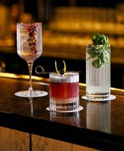 Three elegantly crafted cocktails displayed on a polished bar—one layered red-and-white drink garnished with citrus peel and cherry, one clear cocktail with fresh mint, and one tall glass accented with colorful spices—set against a warm, softly lit bar backdrop.