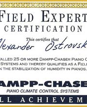 Zertifikat für die Installation von Dampp-Chaser Piano Climate Control Systems. Bestätigung der Fachkompetenz in der Stabilisierung von Luftfeuchtigkeit in Klavieren.
