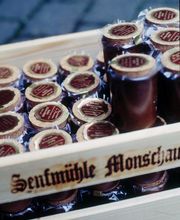 Kiste mit den urigen 100ml-Töpfen Moutarde de Montjoe, dem Monschauer Senf