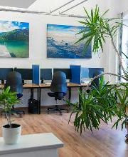 Schulungsraum mit 3 Arbeitsplätzen mit jeweils 2 Bildschirmen, einem Bürostuhl und Tastatur und Maus. Darüber hängen 2 Landschaftsbilder. Hinter den Tischen stehen Pflanzen.