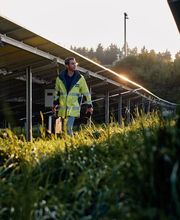 Ein Bayernwerk-Techniker läuft im Sonnenschein durch eine Photovoltaik-Freiflächenanlage