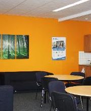 Pausenbereich mit brauner Küchenzeile, runden Tischen und Stühlen sowie einem dunkelblauen Sofa und Sessel. Die Wand ist orangefarben und an der Wand hängt ein Leinwandbild von einem Wald.