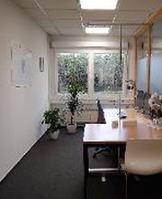 Ein schmaler Büroraum mit einem Schreibtisch, Stuhl und Computer. Auf dem Tisch stehen Dekorationen und eine Lampe. Links hängen Poster an der Wand, hinten sind Pflanzen vor einem Fenster. Rechts trennt eine Glastrennwand den Raum ab. 