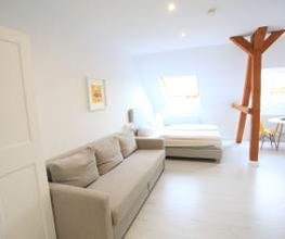 Standard Apartment (ohne Sauna) im Dachgeschoss:
Wohn/Schlafbereich mit Bettsofa und Küche