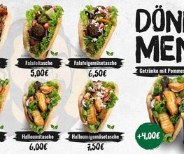 Döner-Menü mit sechs Varianten: Gemüsedöner (5,00 €), Falafeltasche (5,00 €), Falafelgemüsetasche (6,50 €), Gemüsetasche (5,00 €), Halloumitasche (6,00 €) und Halloumigemüsetasche (7,50 €).