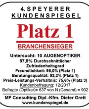 Platz 1 in der Augenoptik beim 4. Speyerer Kundenspiegel!
Kuntz Sehen & Hören dankt allen Kunden für diese positive Bewertung.
Seh- und Hörtests sind bei Kuntz kostenlos.