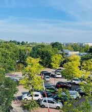 Blick auf Parkplatz mit vielen grünen Bäumen-