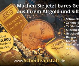 Machen Sie jetzt bares Geld aus Ihrem Altgold und Silber. Vereinbaren Sie einen Termin oder laden Sie das Begleitschreiben für den Postversand herunter. Bereits über 250.000 zufriedene Kunden.