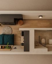 Rendering und Draufsicht des Wohnbereichs mit Bett, Schrank, Workspace und Badezimmer im Urban Smart Studio