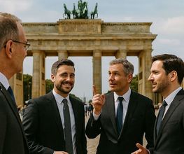 Herren im Dialog vor dem Brandenburger Tor für die Dodona Loge.