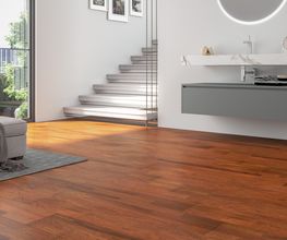SUELO DE MADERA DE JATOBA  EN 3 LAMAS.
3-STRIP JATOBA ENGINEERED HARDWOOD FLOORING.