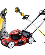 A variety of outdoor yard equipment including a lawn mower, string trimmer, and leaf blower displayed in a retail or pawn shop setting, arranged for easy browsing by customers.
