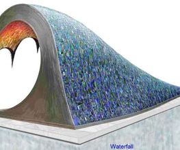 Die größte Skulptur von MosaikMetalArt ist die "Brandung". 3 m Lang und 1,10 m hoch (ohne Sockel) mit Edelstahl eingefasst ist diese Mosaikarbeit aus Muranoglas, Fliesenmaterial und anderen Gläsern