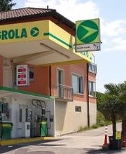 AGROLA Tankstelle in Niederglatt St. Gallen mit hohem Dach. Zwei Tanksäulen. Rechts bilden Palmen einen Schutz zur Strasse.