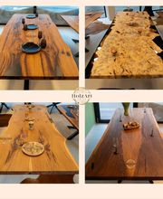 Vier einzigartige Tische, jeder mit seiner eigenen Geschichte. Vom eleganten Quercus robur-Eichenholz mit 260 cm, über die natürliche Schönheit des Pappelholzes mit transparentem Epoxidharz, bis hin zur europäischen Eiche mit naturbelassenen Kanten und der gefärbten Eiche, die jedem Raum Raffinesse verleiht. Jedes Stück verwandelt die Natur in ein authentisches Designelement für Ihr Zuhause.