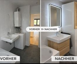 Thermenverkleidung nach Maß gefertigt sowie Unterschrank und Badspiegel montiert