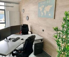 Heller Schreibtisch im Trainingsraum mit zwei Bildschirmen, Tastatur und Maus. Grünpflanze, Wand mit Holzdekorverkleidung und Bild. Blick zum großen, bodentiefen Fenster.