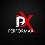 Das Logo von Performax by David Nikolaitschik kombiniert ein weißes, stilisiertes „P“ mit einem markanten roten „X“. Der weiße PERFORMAX-Schriftzug auf schwarzem Hintergrund vervollständigt das kontrastreiche Markendesign.