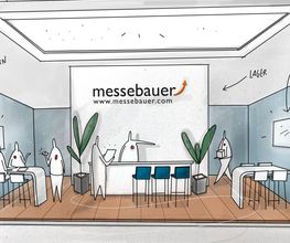Messestand mit Laminatboden und Decke. Stehtischgruppen, Empfangstheke und Kabine hinter einer Messewand mit Logo. Copyright: messebauer.com