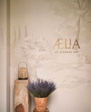 Entrance to Aelia Spa at Auberge Collection, featuring a hand-painted wall mural with the spa logo, a rustic wooden pedestal, and a pot of lavender in warm, natural light.