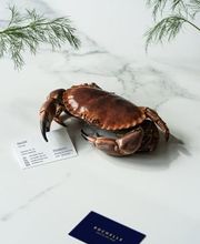 Ein edles Corporate-Foto zeigt eine Krabbe auf weißem Marmor, flankiert von Visitenkarten der Marke „Rochelle“. Die Aufnahme vereint hochwertige Produktinszenierung mit minimalistischer Eleganz.