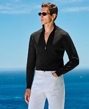 This black half-zip sweater is tailored to a slim fit and features a mock neck collar, lightweight fabric, and long sleeves.