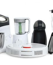 Display of various household appliances including a stand mixer, blender, floor cleaner, and coffee maker.