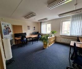 Arbeitsraum mit mehreren PC-Arbeitsplätzen, Regalen und Grünpflanzen.