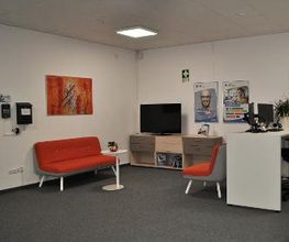 Empfangsbereich mit rotem Sofa und Sessel, daneben ein Regal mit TV. An den Wänden hängen Plakate und ein rotes abstraktes Gemälde.