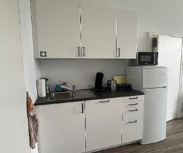 eine weiße Einbauküche mit 6 Schränken und einer Spüle links. Rechts stehen Wasserkocher und eine Kaffeemaschine. Neben der Küche steht ein Kühlschrank, auf dem eine Mikrowelle steht. 