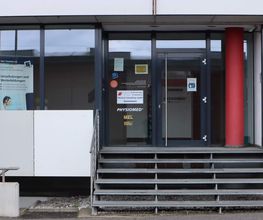 Außenansicht des Eingangbereiches mit Treppenaufstieg, Glastüre und einer roten Säule.