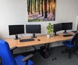 2 Arbeitsplätze mit jeweils 2 Bildschirmen, einem Bürostuhl, einer Tastatur und Maus. Darüber hängt ein Bild eines Waldes. Zwischen den Arbeitsplätzen steht eine Pflanze auf dem Tisch.