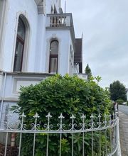 Außenansicht eines Gründerzeitgebüdes mit einem Busch davor.