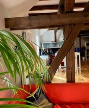 Rotes Sofa mit Kissen, Balken des Fachwerkhauses und Blick auf die Küche. Grüne Zimmerpflanze.